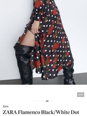 ZARA Black Polka Dot Skirt with Red Rose Print